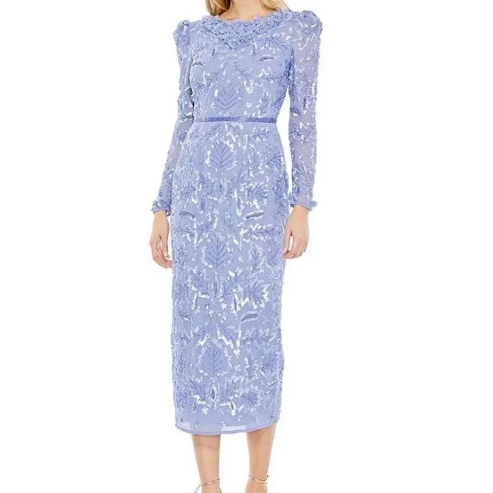 NWT Mac Duggal Long Sleeve Crew Neck Embellished Midi Sheath Dress